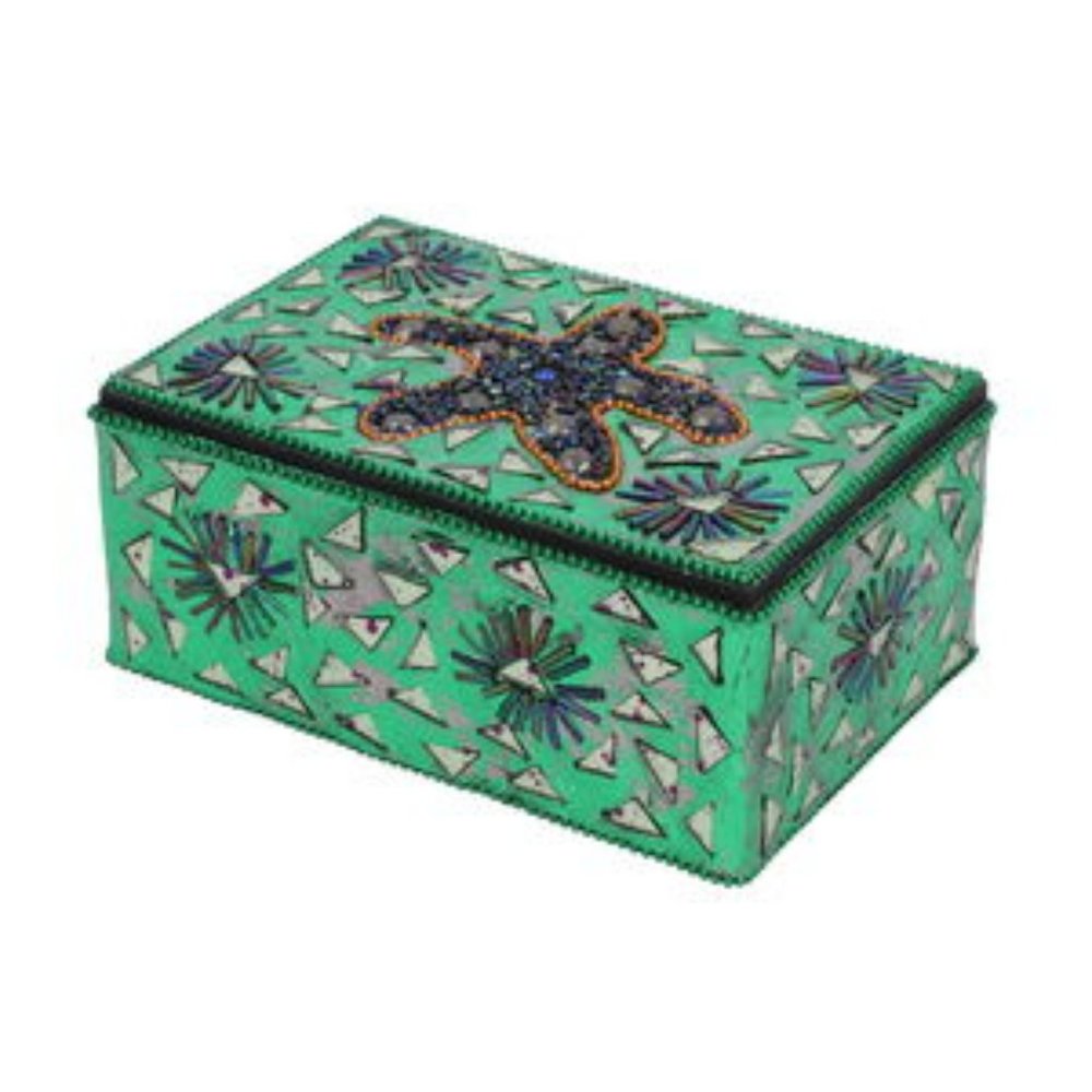 Handcrafted Green Star Print Beaded Box (6"x4"x5")